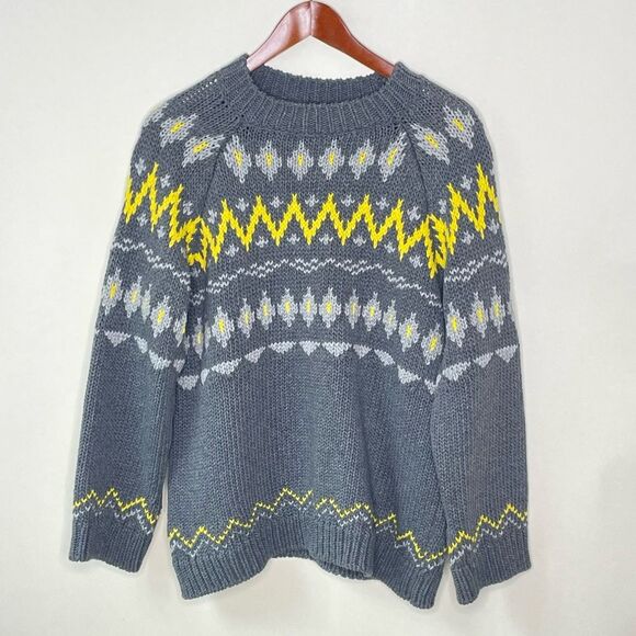ZARA KNIT Cotton Icelandic Skandinavian Fair Isle Sweater Gray Yellow M #AP - Picture 1 of 7